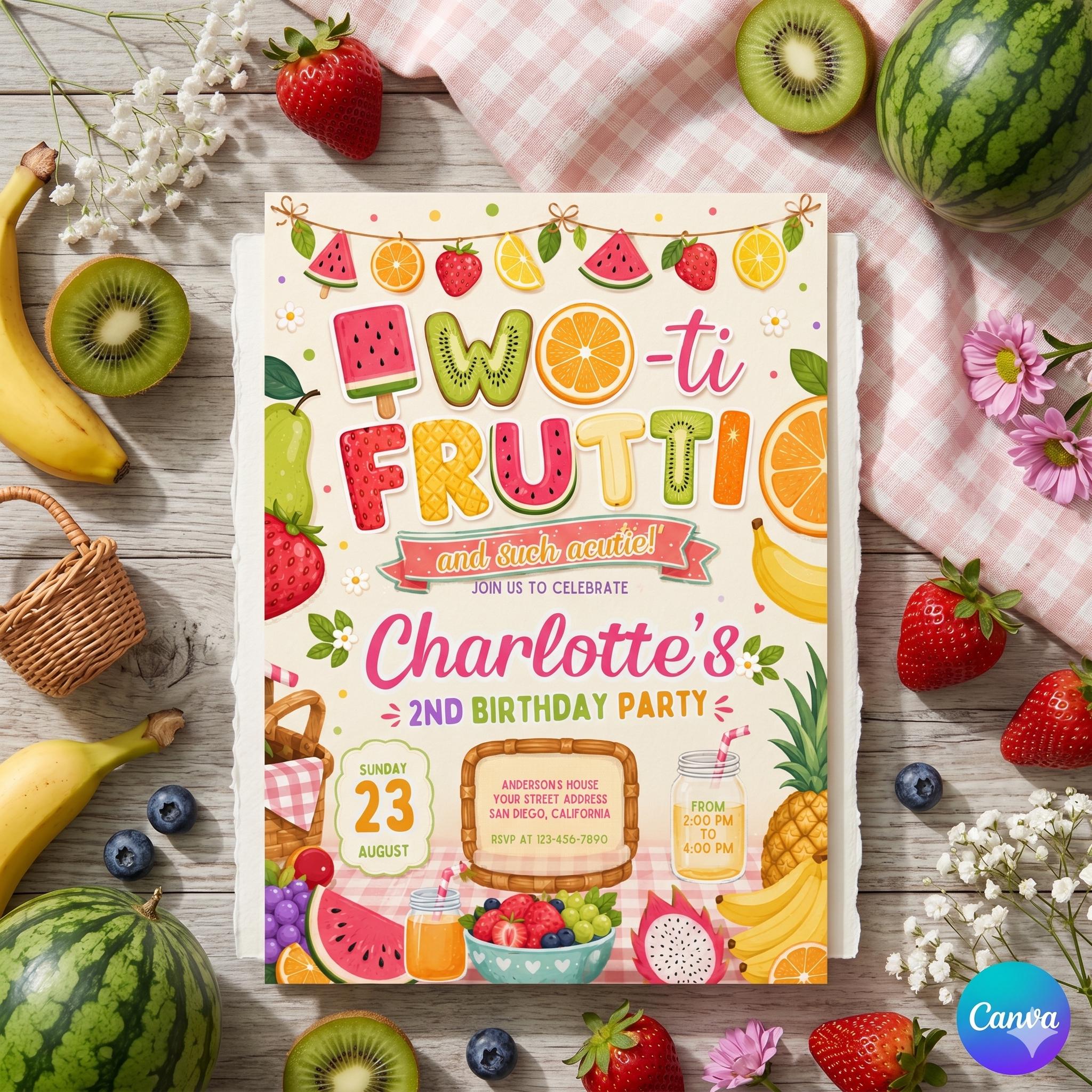 Two-tti Frutti Birthday Invitation, Two-tti Frutti 2nd Birthday Invite, Fruit Party Invitation, Two-tti Frutti Invites, Canva Template
