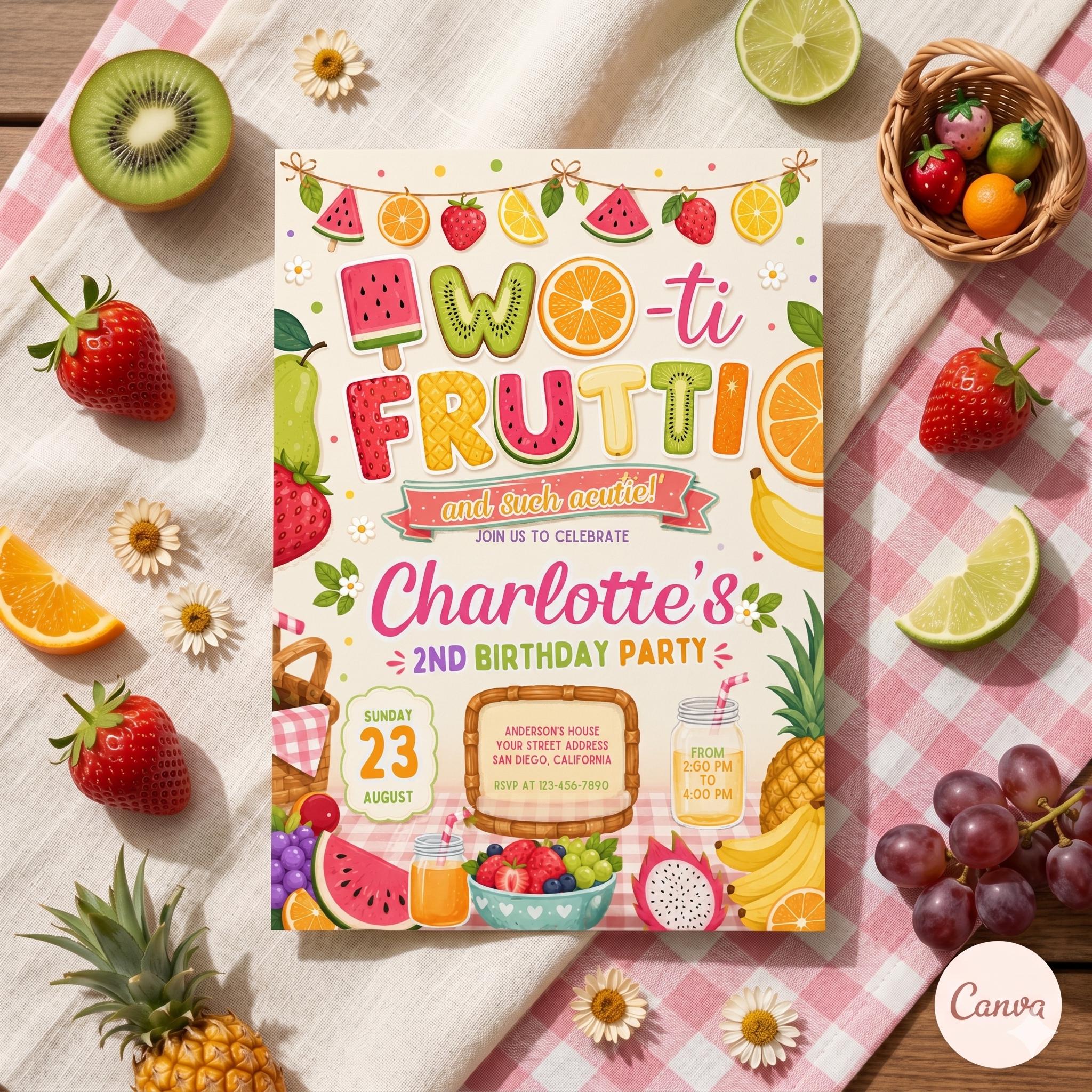 Two-tti Frutti Birthday Invitation, Two-tti Frutti 2nd Birthday Invite, Fruit Party Invitation, Two-tti Frutti Invites, Canva Template