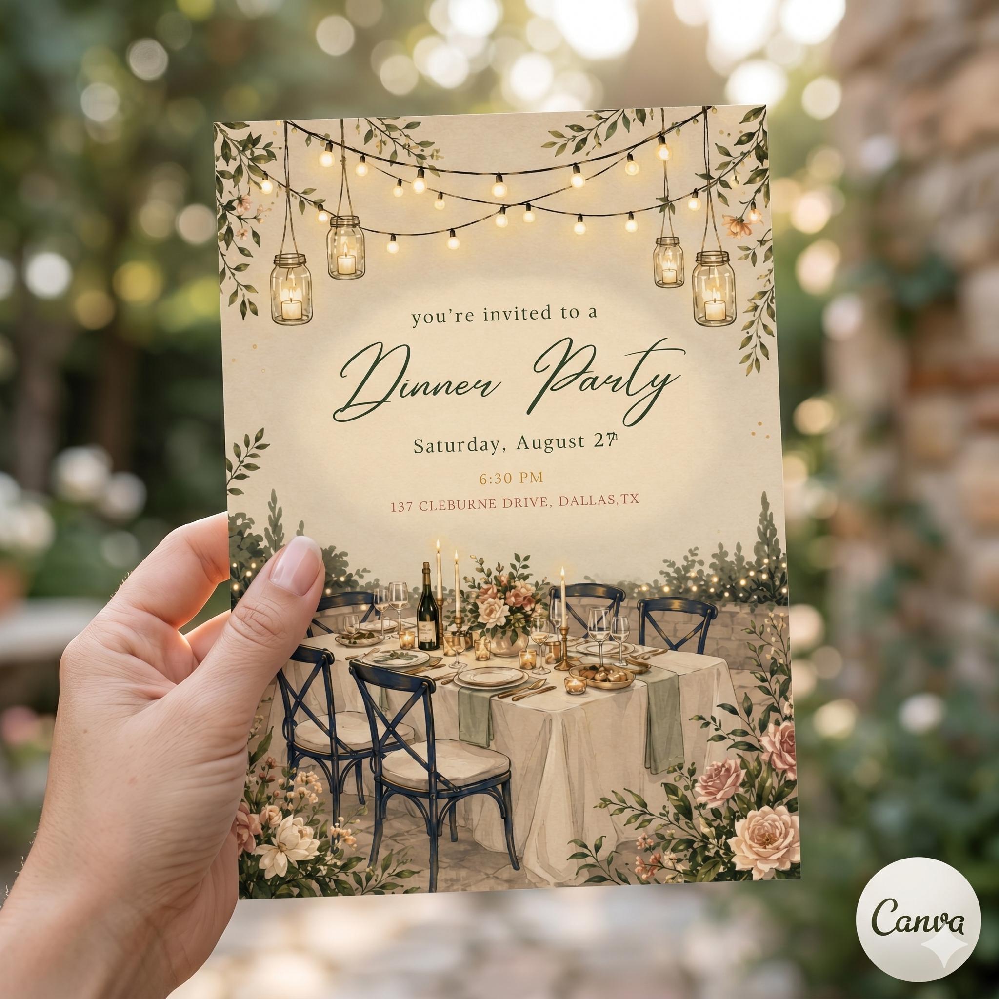 Editable Dinner Party Invitation Template – Garden String Lights, Floral Design (Digital Download)
