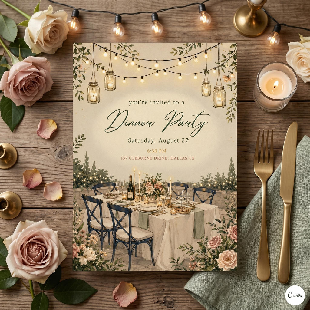 Editable Dinner Party Invitation Template – Garden String Lights, Floral Design (Digital Download)
