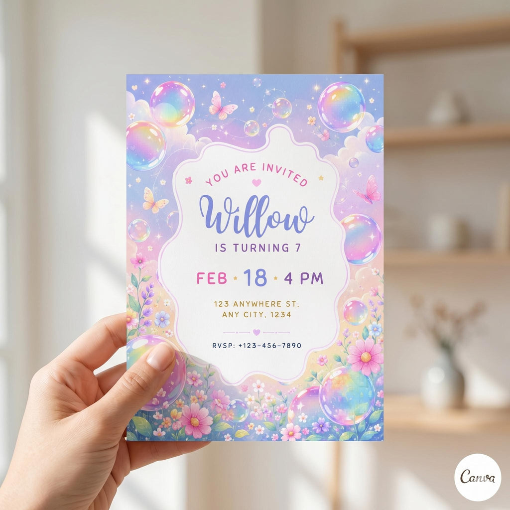 Editable Canva Invitation Template: Whimsical Bubbles & Butterflies (Digital Download)