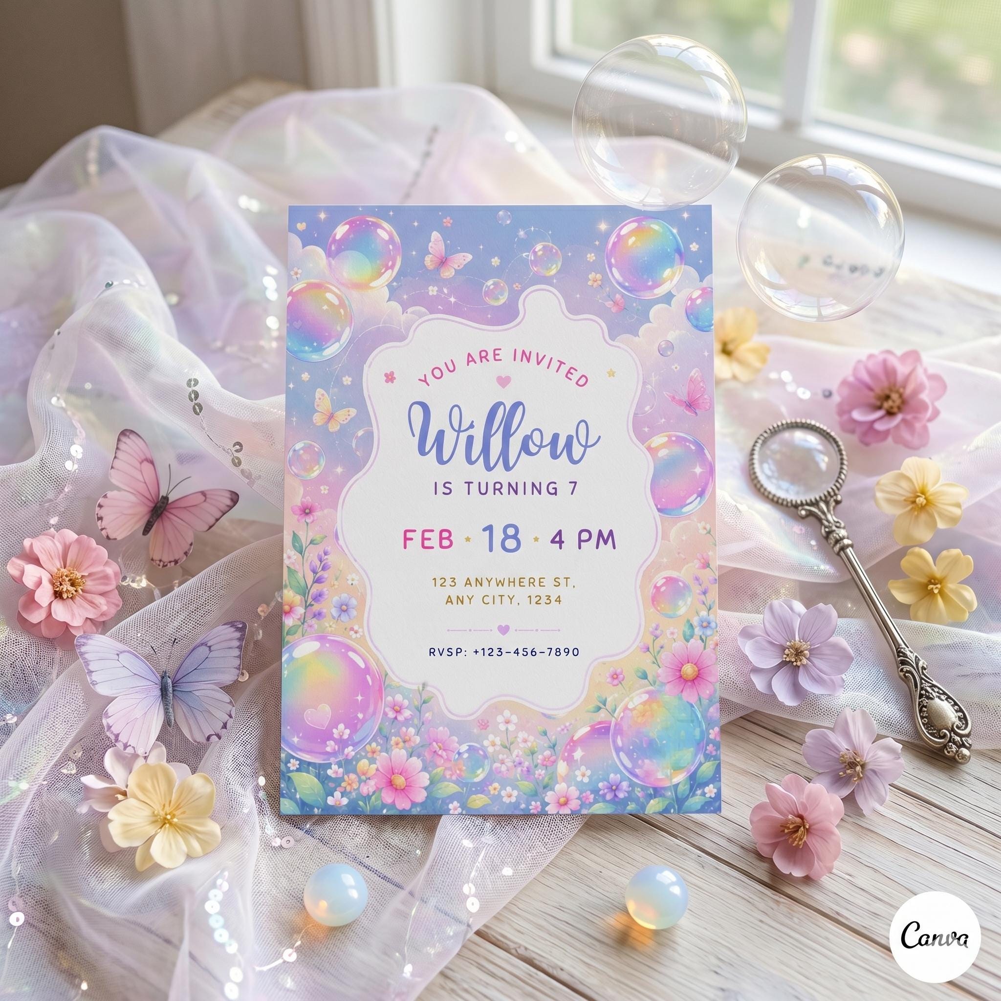 Editable Canva Invitation Template: Whimsical Bubbles & Butterflies (Digital Download)