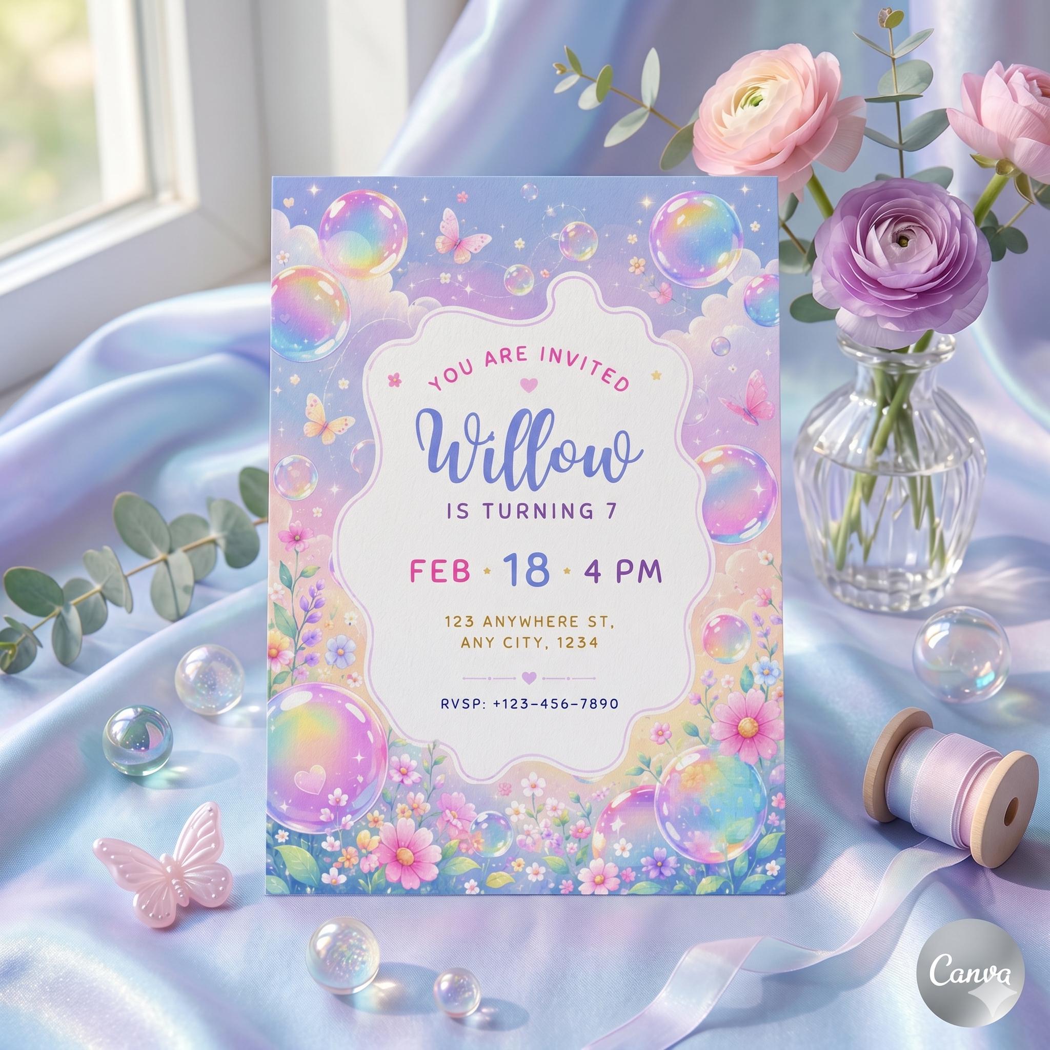 Editable Canva Invitation Template: Whimsical Bubbles & Butterflies (Digital Download)