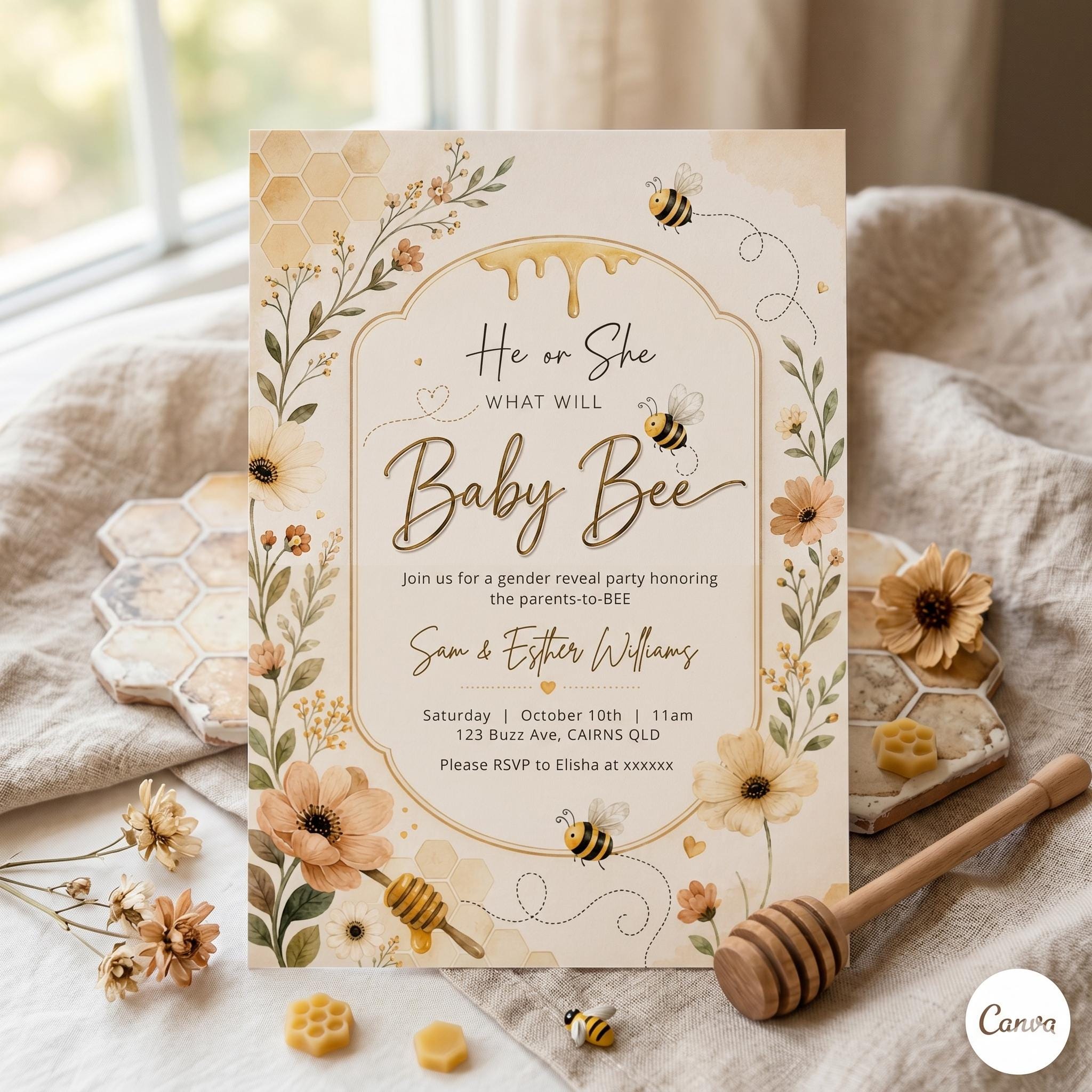 Baby Bee Gender Reveal Invitation Template , What Will Baby Bee Shower Invite (Digital Download) , A26