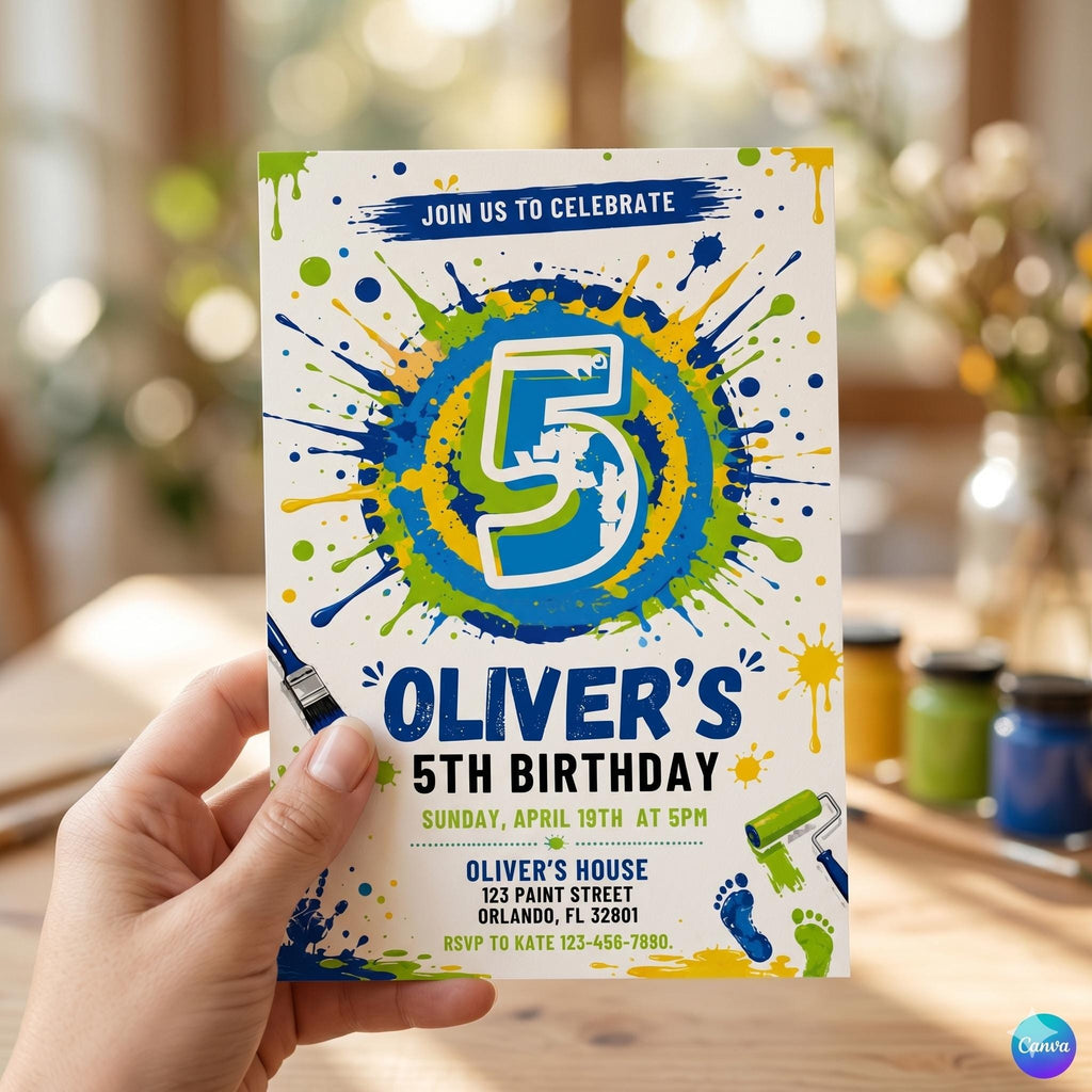 Splash Paint Boy Birthday Invitation, Fun Paint Birthday Invite, 5Th Boy Birthday Invitation (Digital Download)