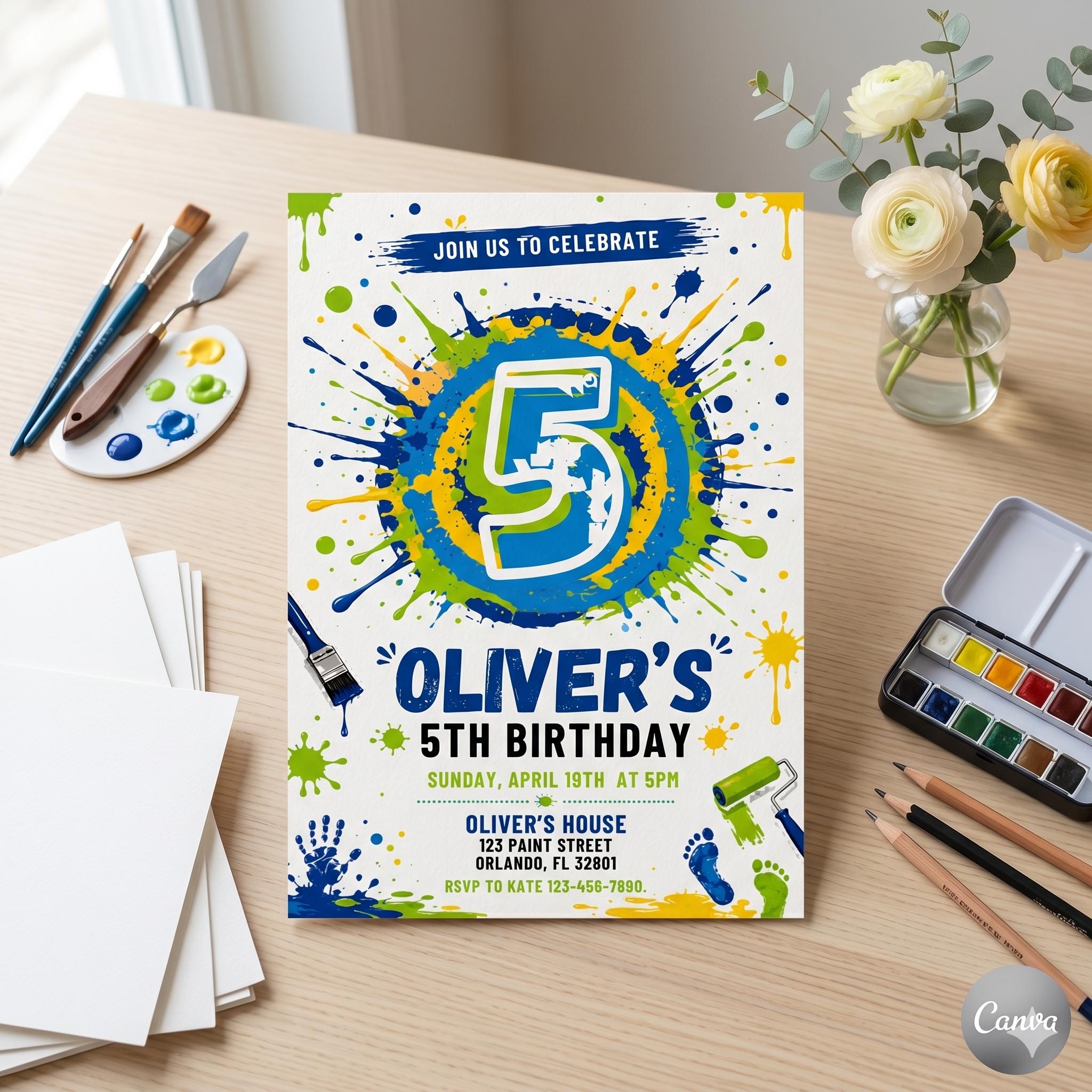 Splash Paint Boy Birthday Invitation, Fun Paint Birthday Invite, 5Th Boy Birthday Invitation (Digital Download)