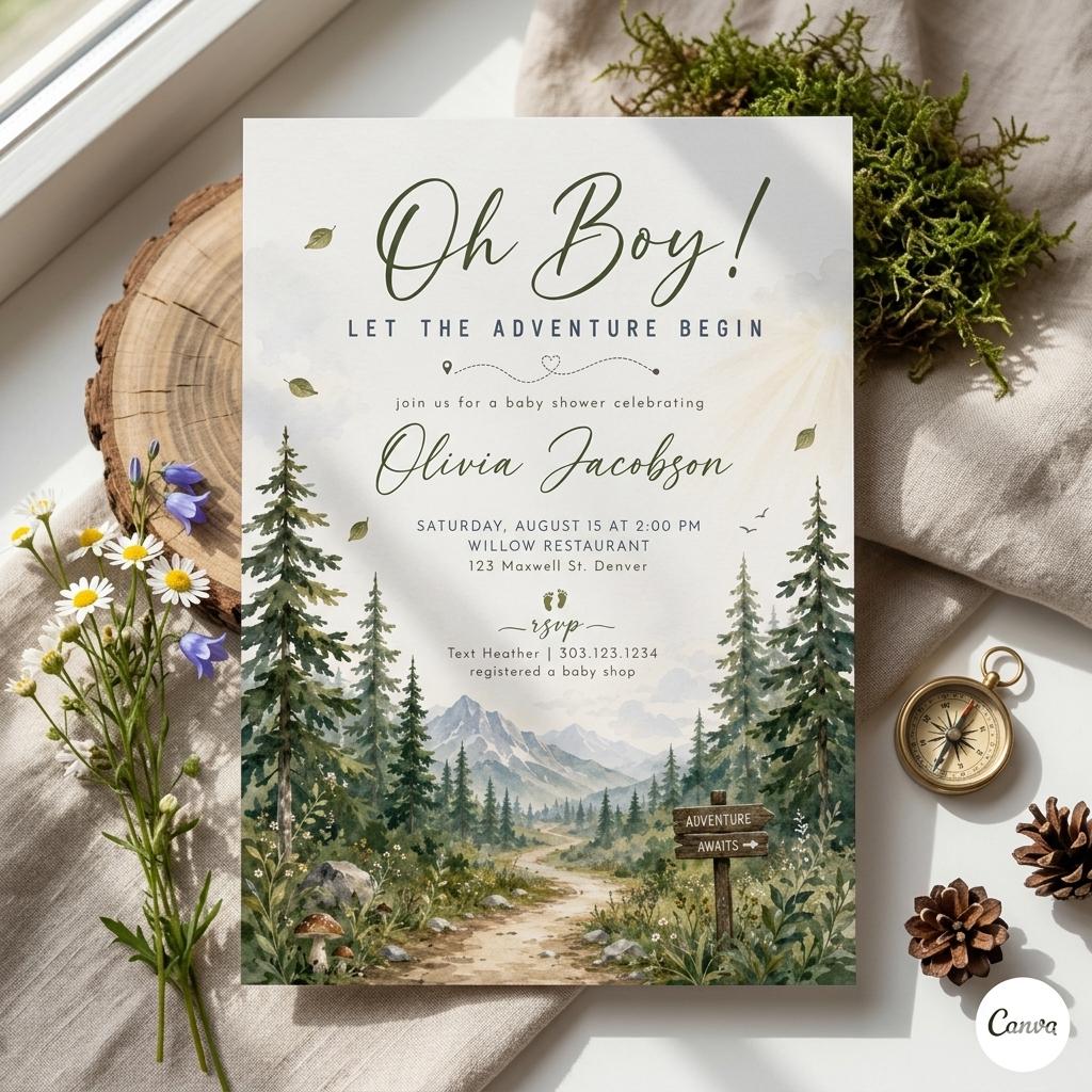 Oh Boy Adventure Baby Shower Invitation, Mountain Theme, Editable Template (Digital Download) , A10