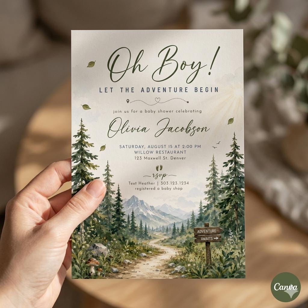 Oh Boy Adventure Baby Shower Invitation, Mountain Theme, Editable Template (Digital Download) , A10