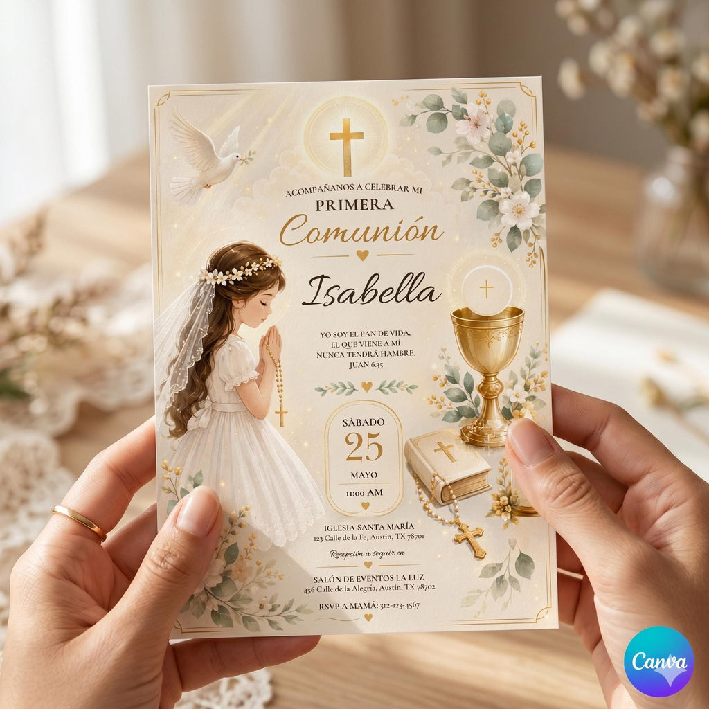 Editable Spanish First Communion Invitation Template: Gold Beige Girl Catholic Invite (Digital Download)