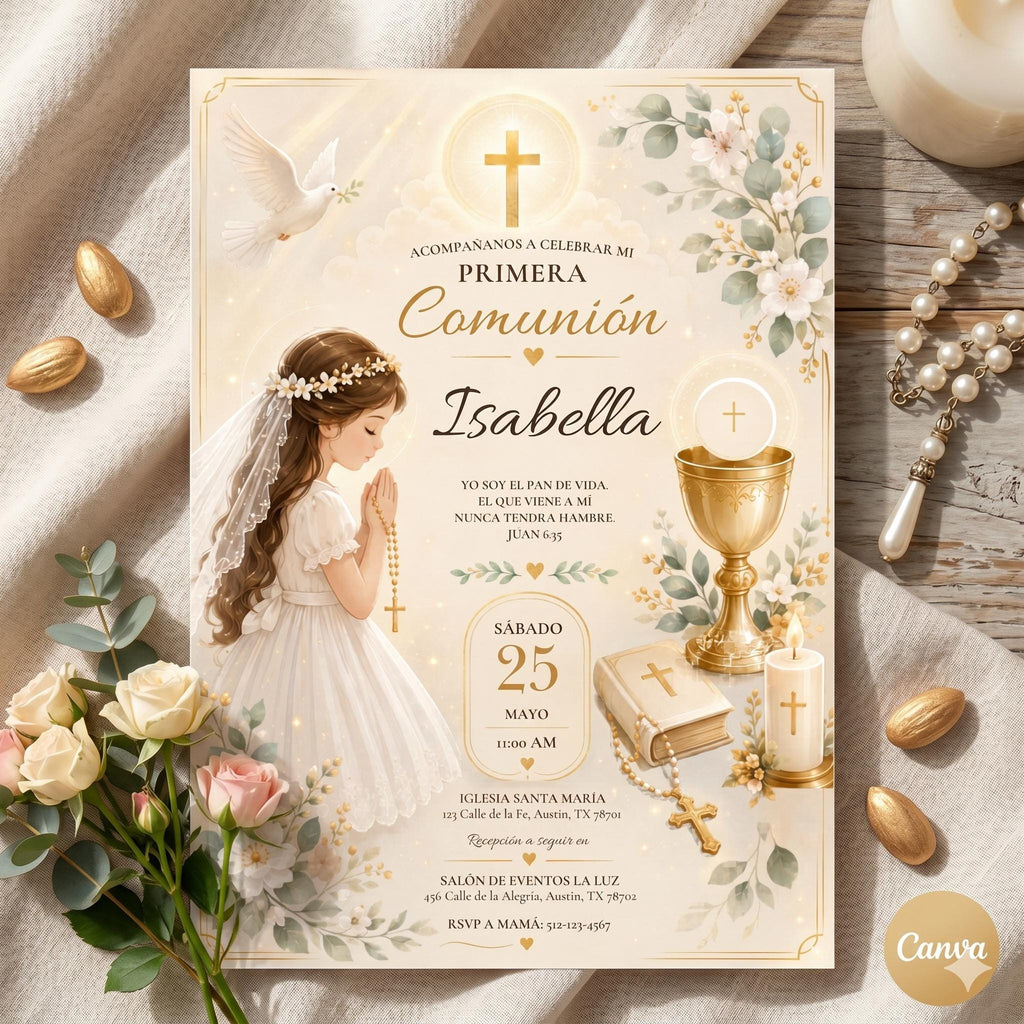 Editable Spanish First Communion Invitation Template: Gold Beige Girl Catholic Invite (Digital Download)