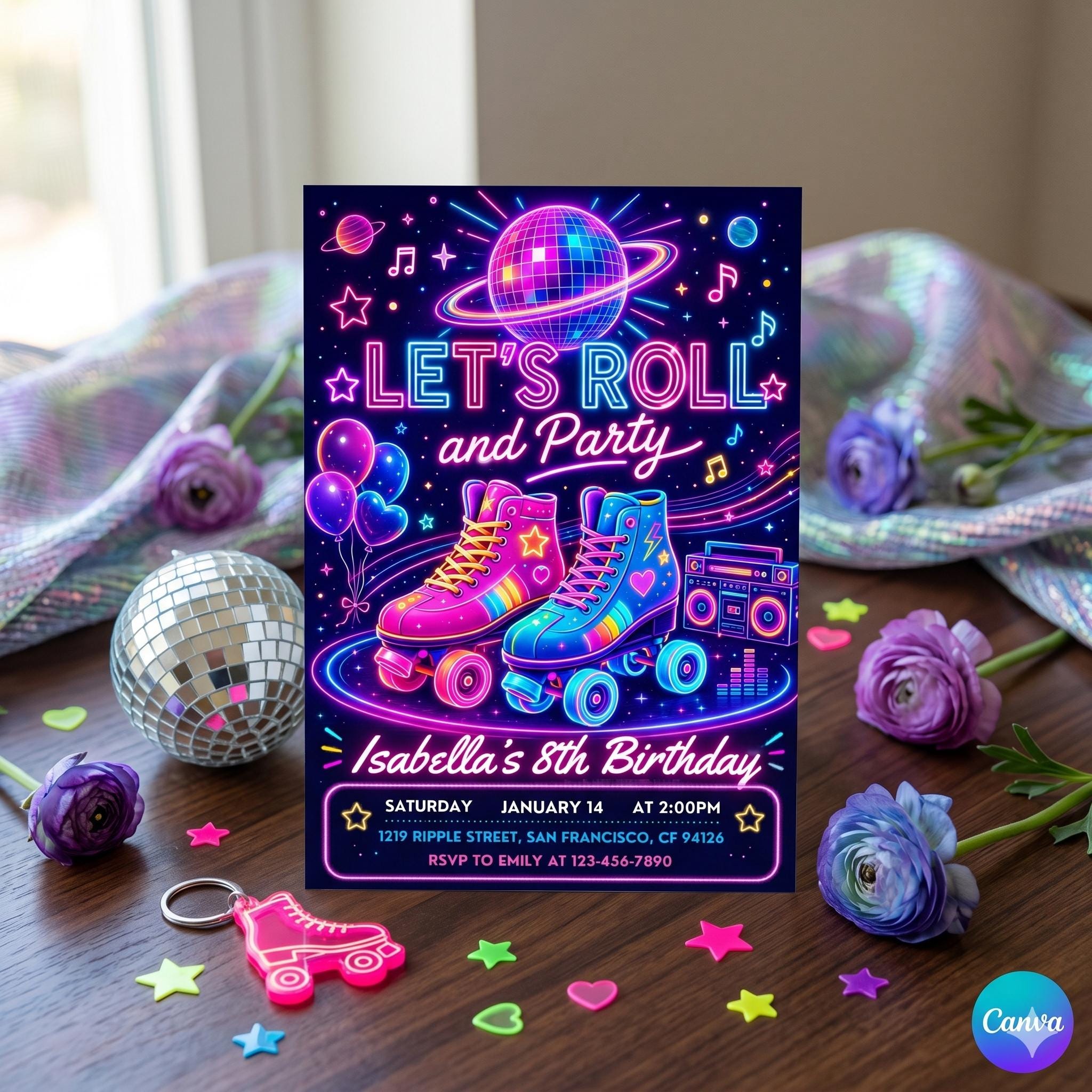 Neon Roller Skate Birthday Invitation: Let's Roll Party Template (Digital Download)
