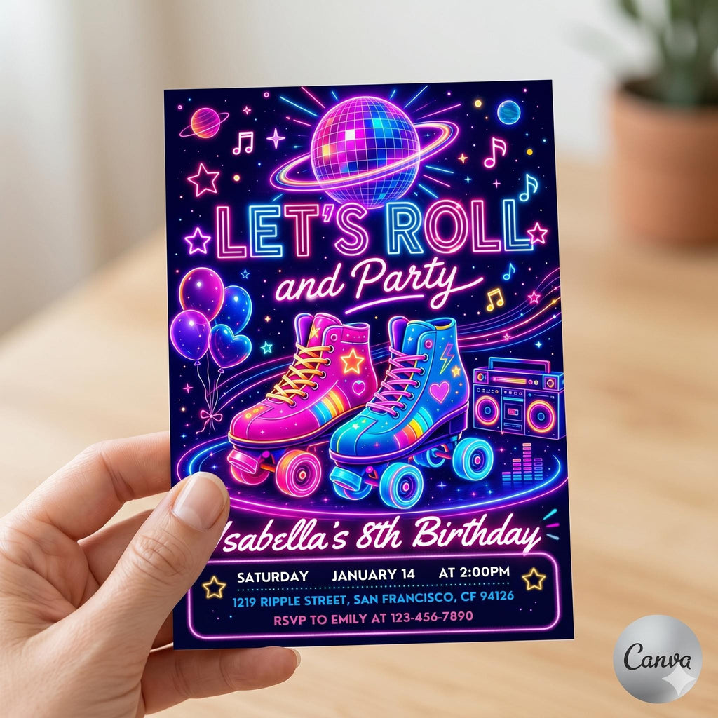 Neon Roller Skate Birthday Invitation: Let's Roll Party Template (Digital Download)