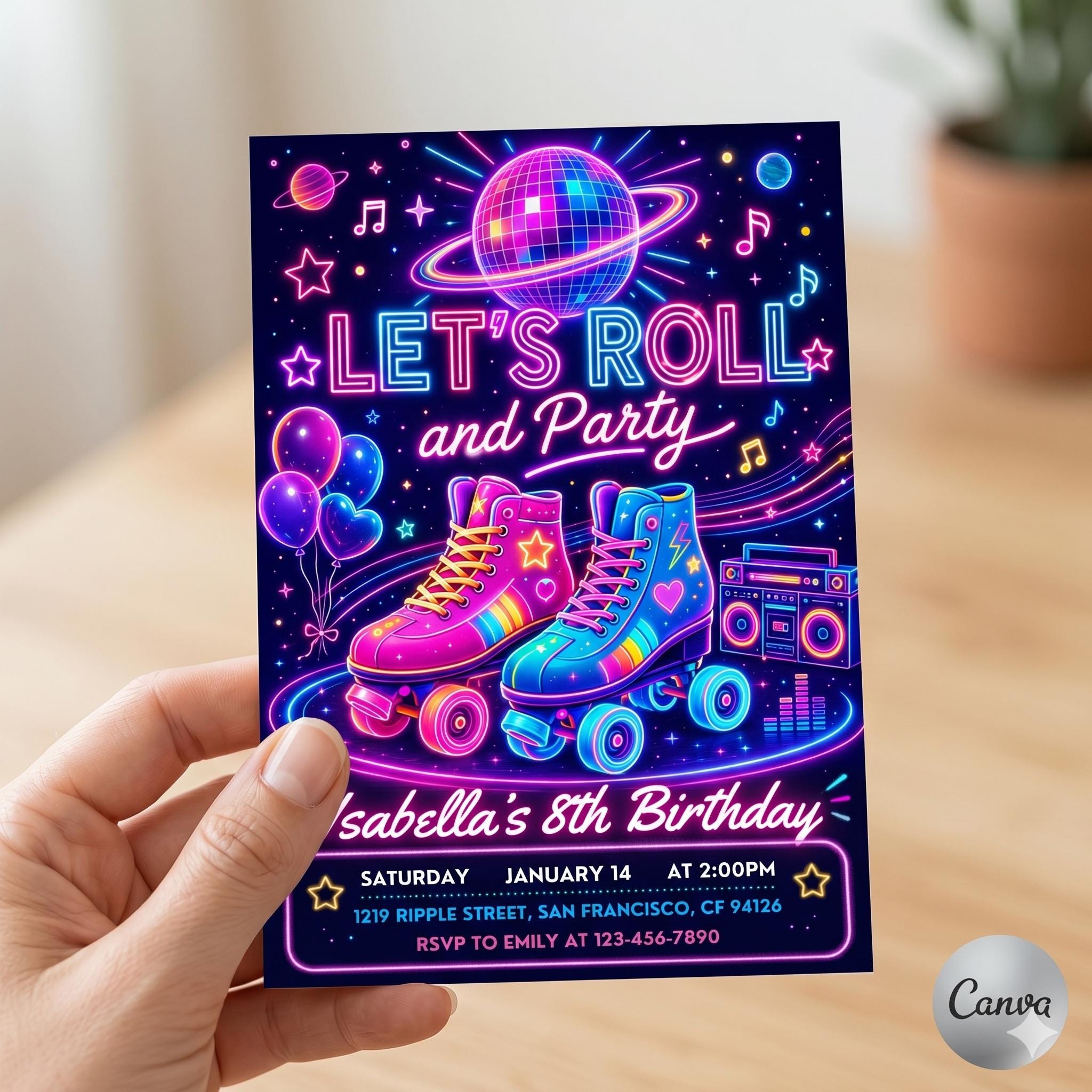 Neon Roller Skate Birthday Invitation: Let's Roll Party Template (Digital Download)