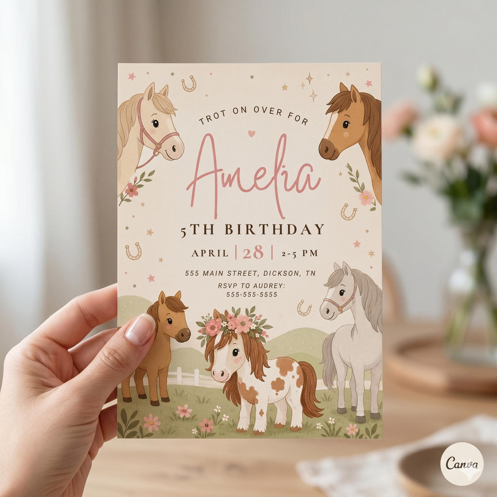 Horse Birthday Invitation Template: Saddle Up Party Template, Pastel Western Birthday Equestrian Invite, Cowgirl Invite, Canva Template ,A21