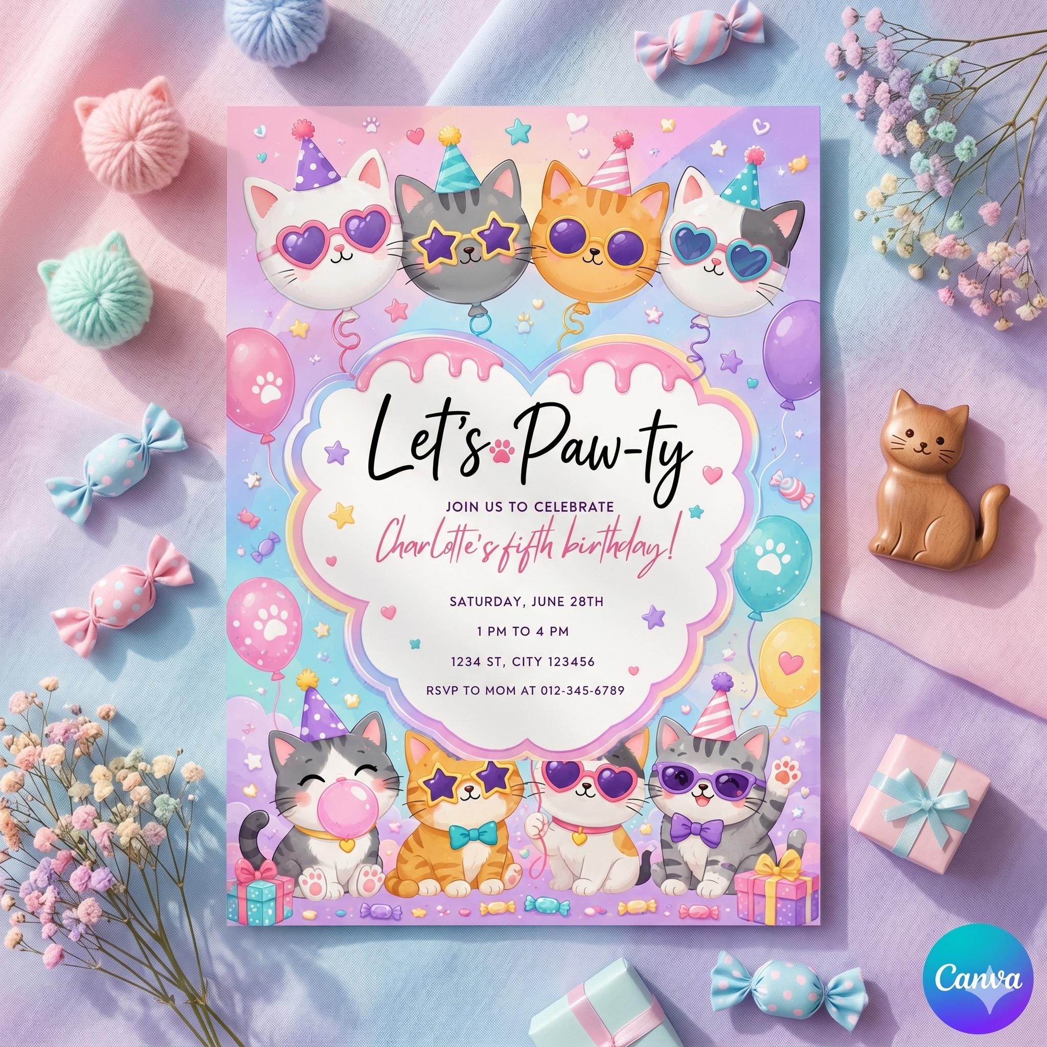 Cat Birthday Party , “Let’s Pawty” Invitation – Neon Kitten Party Invite – Pink Blue Meow Purrfect Birthday (Digital Download)