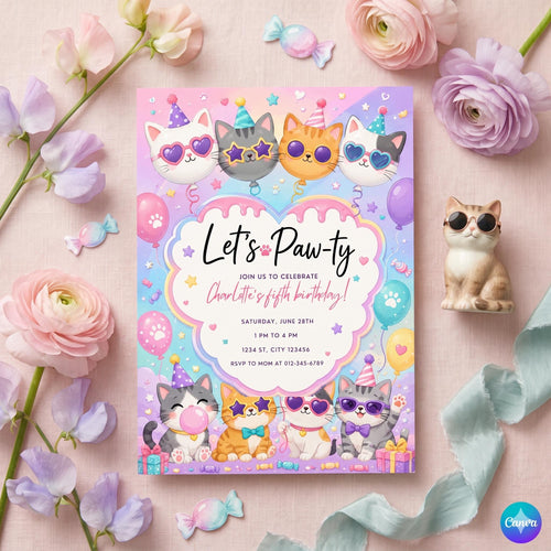 Cat Birthday Party , “Let’s Pawty” Invitation – Neon Kitten Party Invite – Pink Blue Meow Purrfect Birthday (Digital Download)