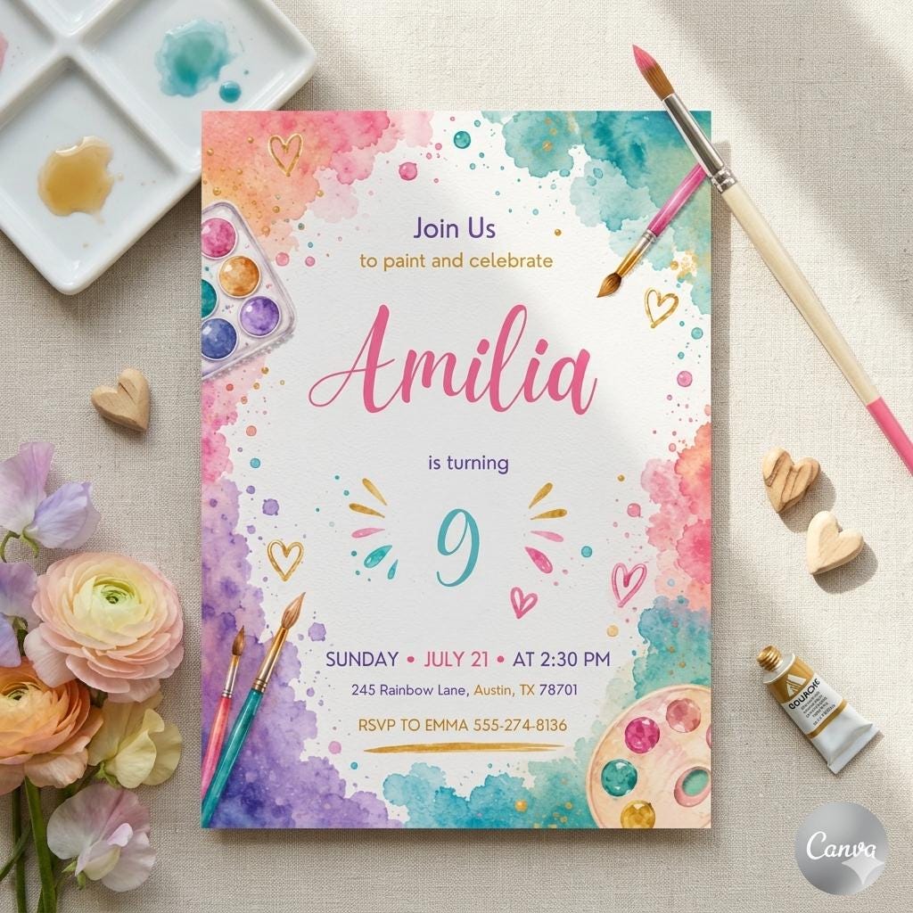 Painting Birthday Invitation, Let’s Paint and Celebrate Invitation, Pastel Rainbow Watercolor, Art Painting Artist Birthday Invitation
