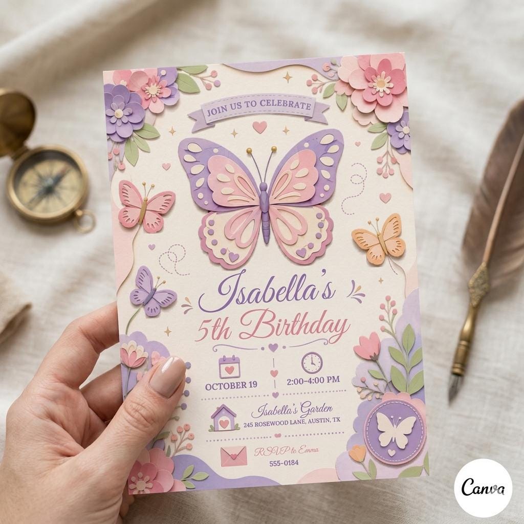 Butterfly Invite, Pink Butterfly Birthday Invitation, Girl Butterfly Party, Fairy 1st Birthday, Editable Canva Template