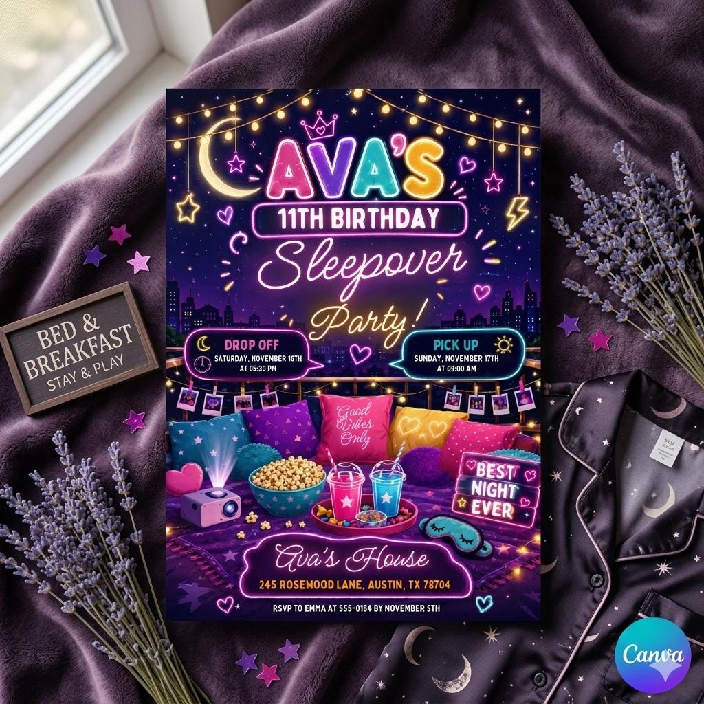 Editable Sleepover Party Invitation - Slumber Birthday Invite, Girls Sleepover Birthday Invitations, Pink Slumber Party, Canva template