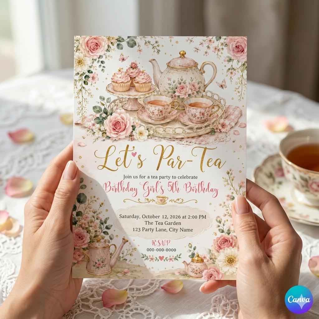 Tea Party Birthday Invitation , Par Tea Birthday Invite , Pink Floral Tea Party , Girls Birthday , Editable Digital Download