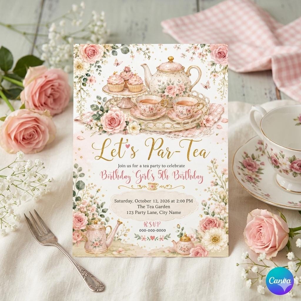 Tea Party Birthday Invitation , Par Tea Birthday Invite , Pink Floral Tea Party , Girls Birthday , Editable Digital Download