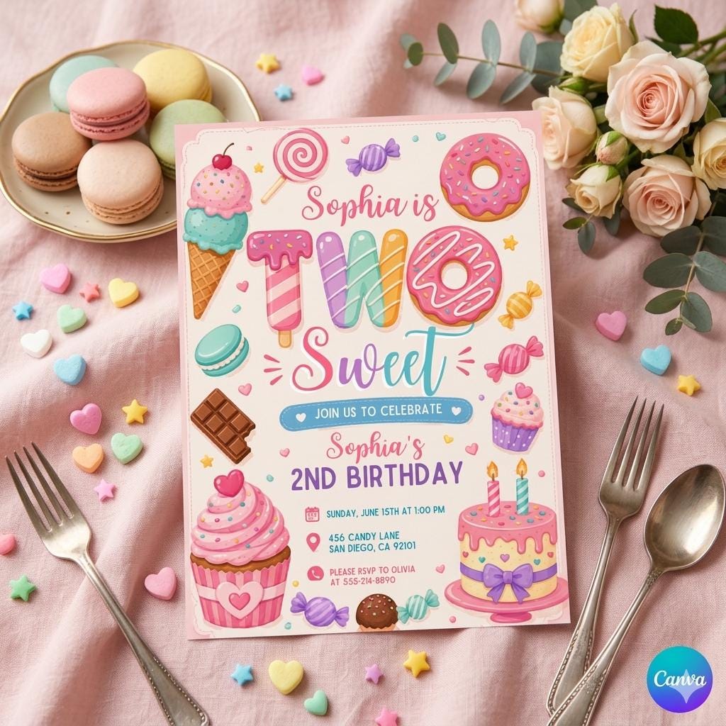Two Sweet Birthday Invitation In Pink, Personalized Girl Second Birthday Invitation (Digital Download)