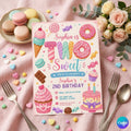 Two Sweet Birthday Invitation In Pink, Personalized Girl Second Birthday Invitation (Digital Download)
