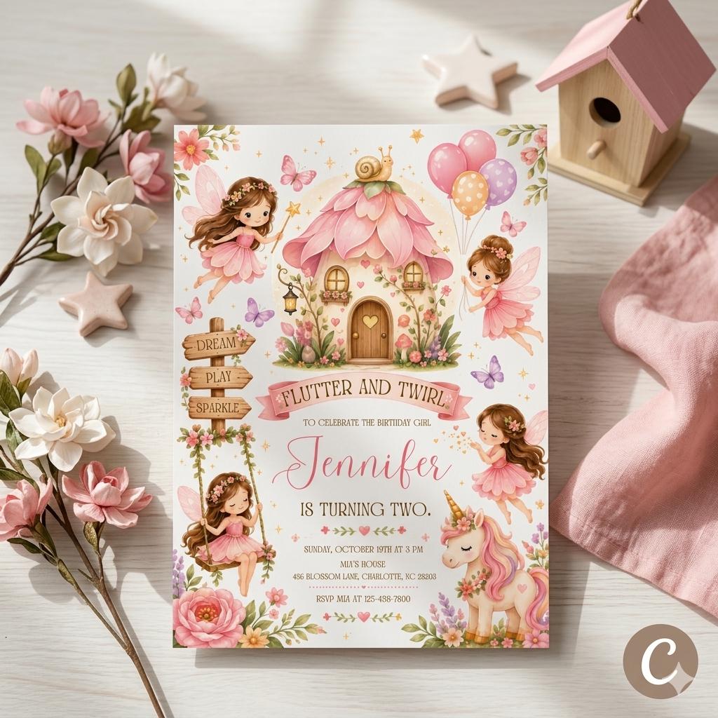 Spring Fairy Birthday Invitation, Flutter Twirl Party, Floral Bow Girl (Canva Template)