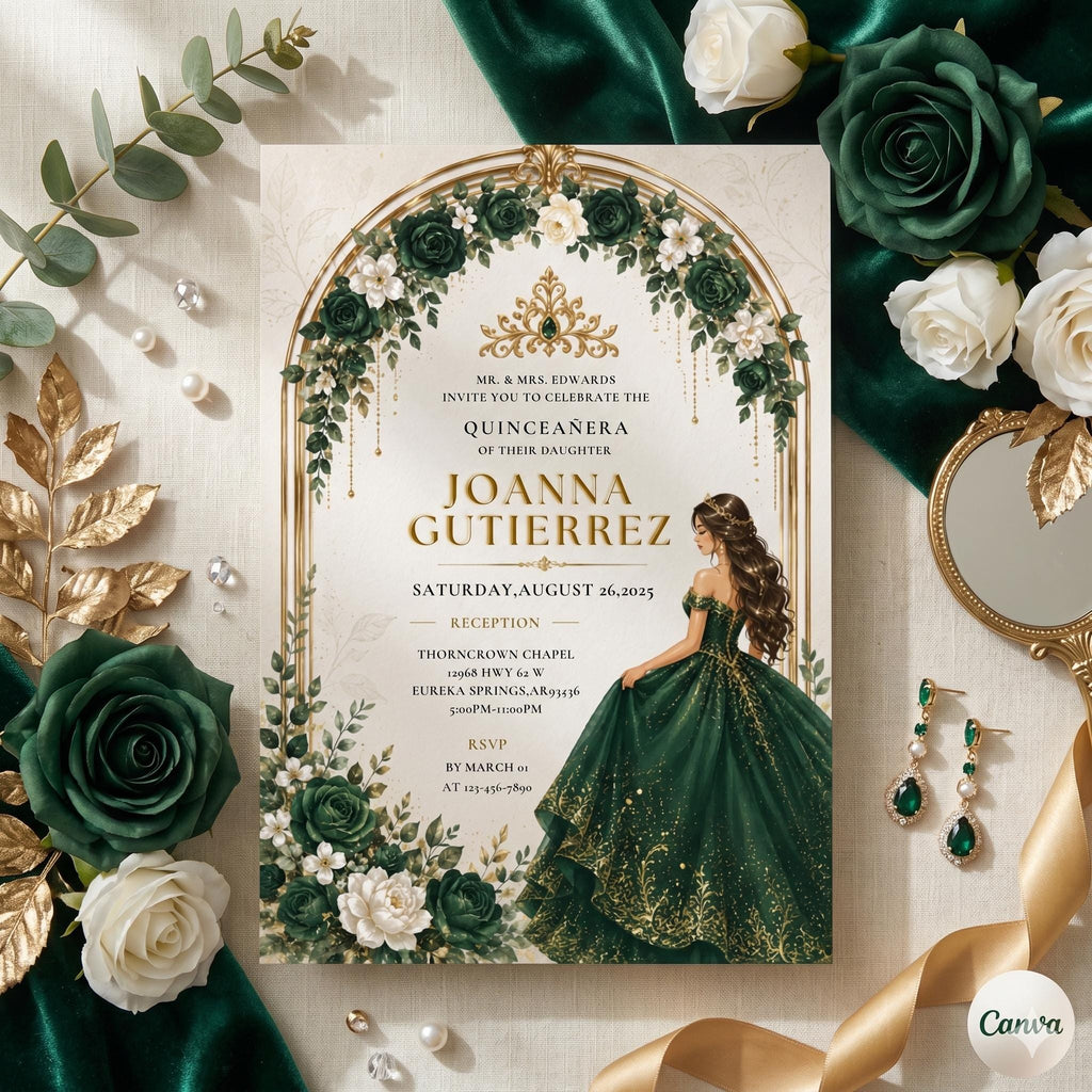 Editable Quinceañera Invitation, Red Roses Gold Black, Mis Quince Anos (Digital Template)