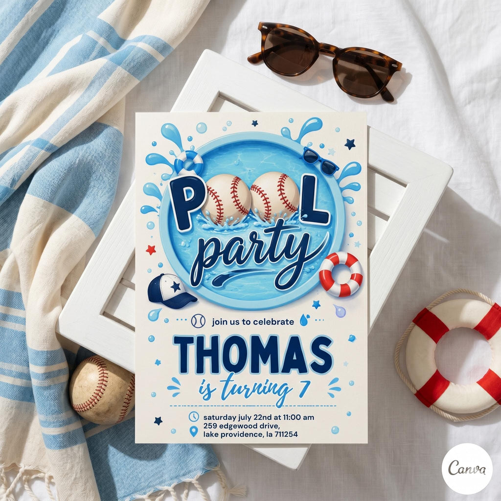 EDITABLE Summer Pool Baseball Party Invitation Back to School, Baseball Team BBQ End of School Boys Pool Birthday Party Printable Invite