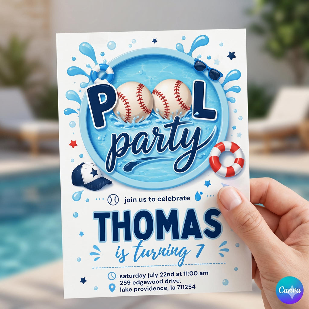 EDITABLE Summer Pool Baseball Party Invitation Back to School, Baseball Team BBQ End of School Boys Pool Birthday Party Printable Invite