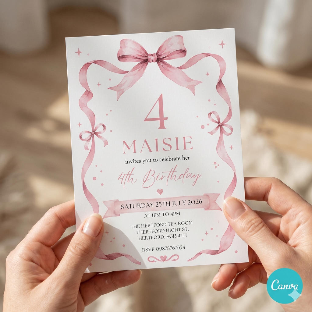 EDITABLE Pink Bow Invitation, Printable Pink Bow Birthday Invite, Minimalist Pink Bow, Watercolor Pink Bow Birthday, Preppy Birthday Invite