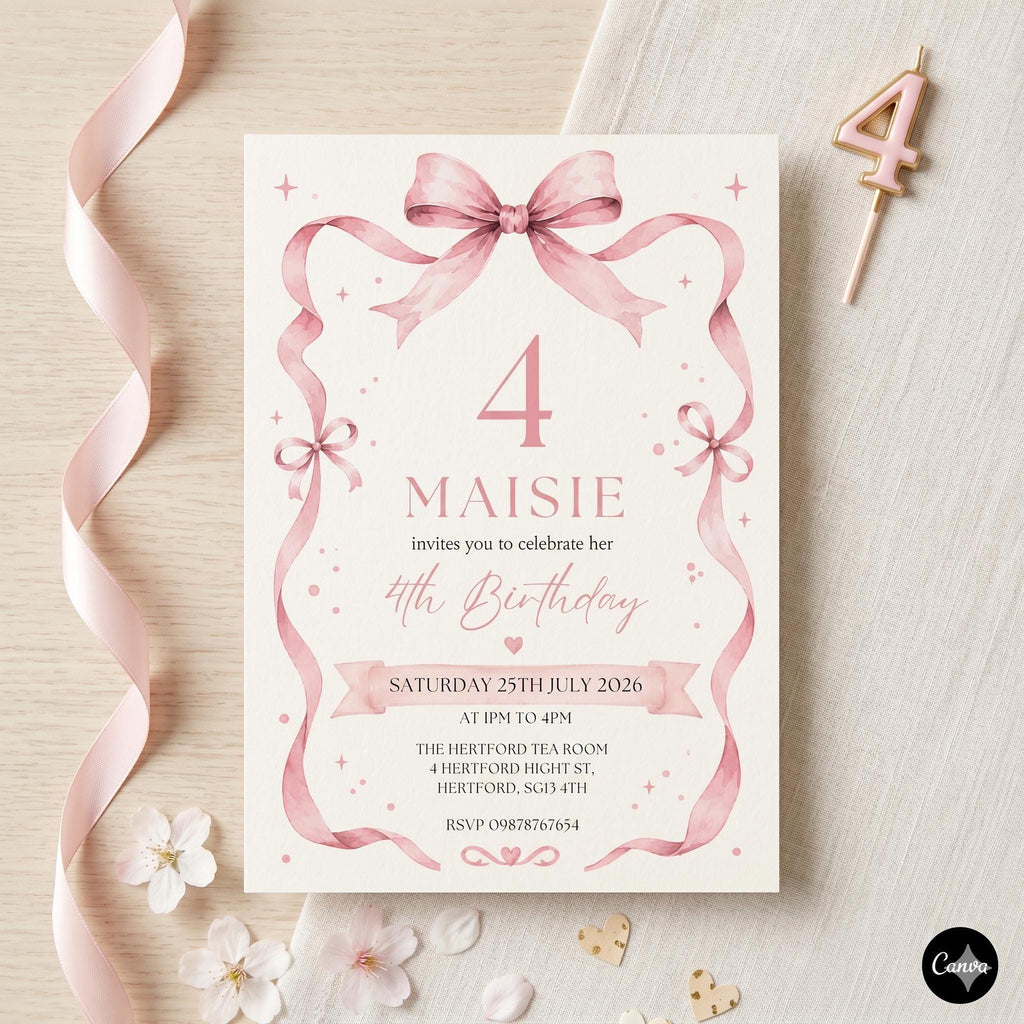EDITABLE Pink Bow Invitation, Printable Pink Bow Birthday Invite, Minimalist Pink Bow, Watercolor Pink Bow Birthday, Preppy Birthday Invite