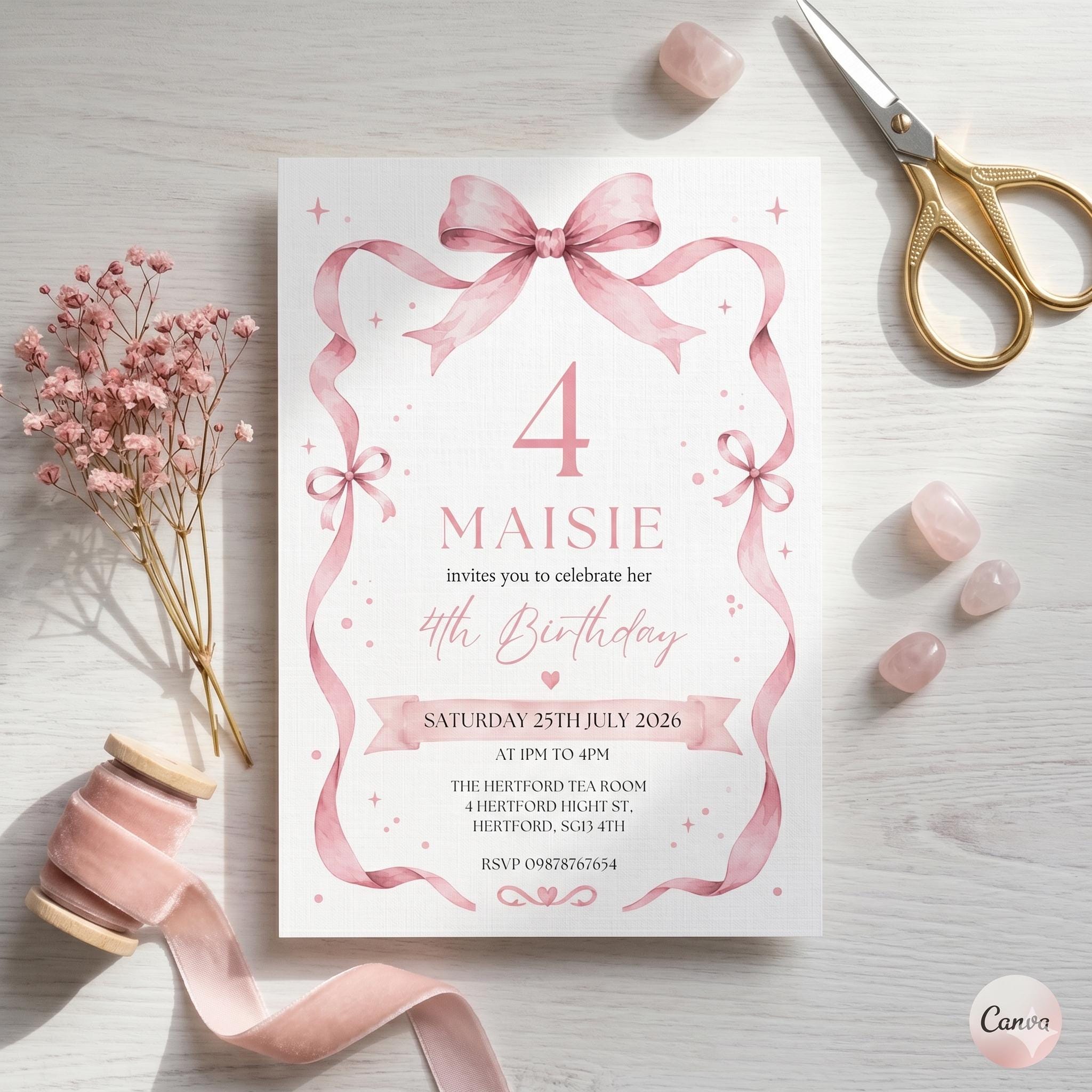EDITABLE Pink Bow Invitation, Printable Pink Bow Birthday Invite, Minimalist Pink Bow, Watercolor Pink Bow Birthday, Preppy Birthday Invite