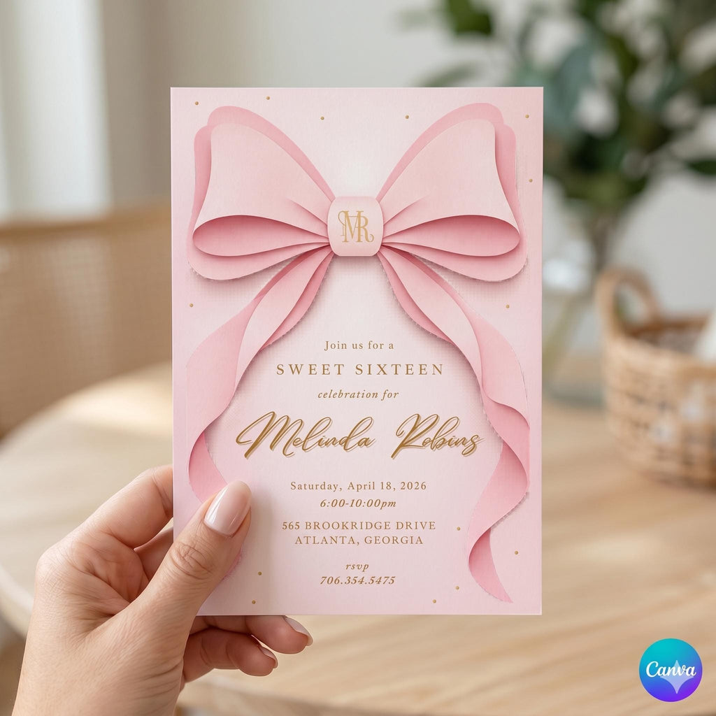 EDITABLE Pink Bow Invitation, Printable Pink Bow Birthday Invite, Minimalist Pink Bow, Watercolor Pink Bow Birthday, Preppy Birthday Invite