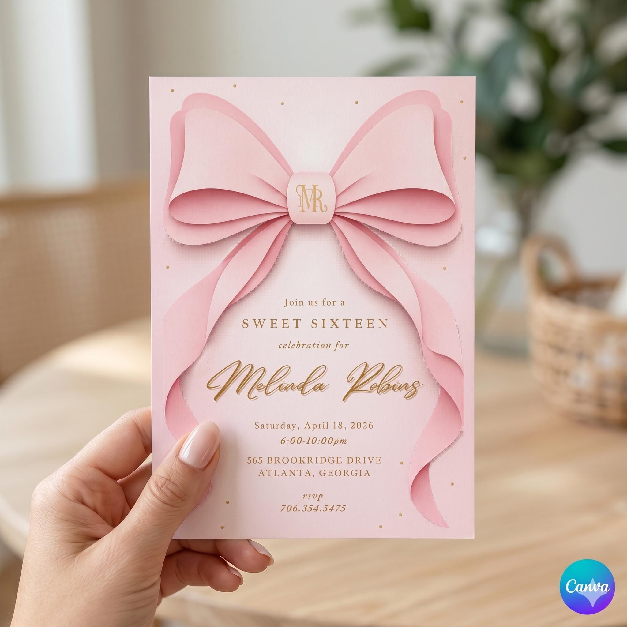 EDITABLE Pink Bow Invitation, Printable Pink Bow Birthday Invite, Minimalist Pink Bow, Watercolor Pink Bow Birthday, Preppy Birthday Invite