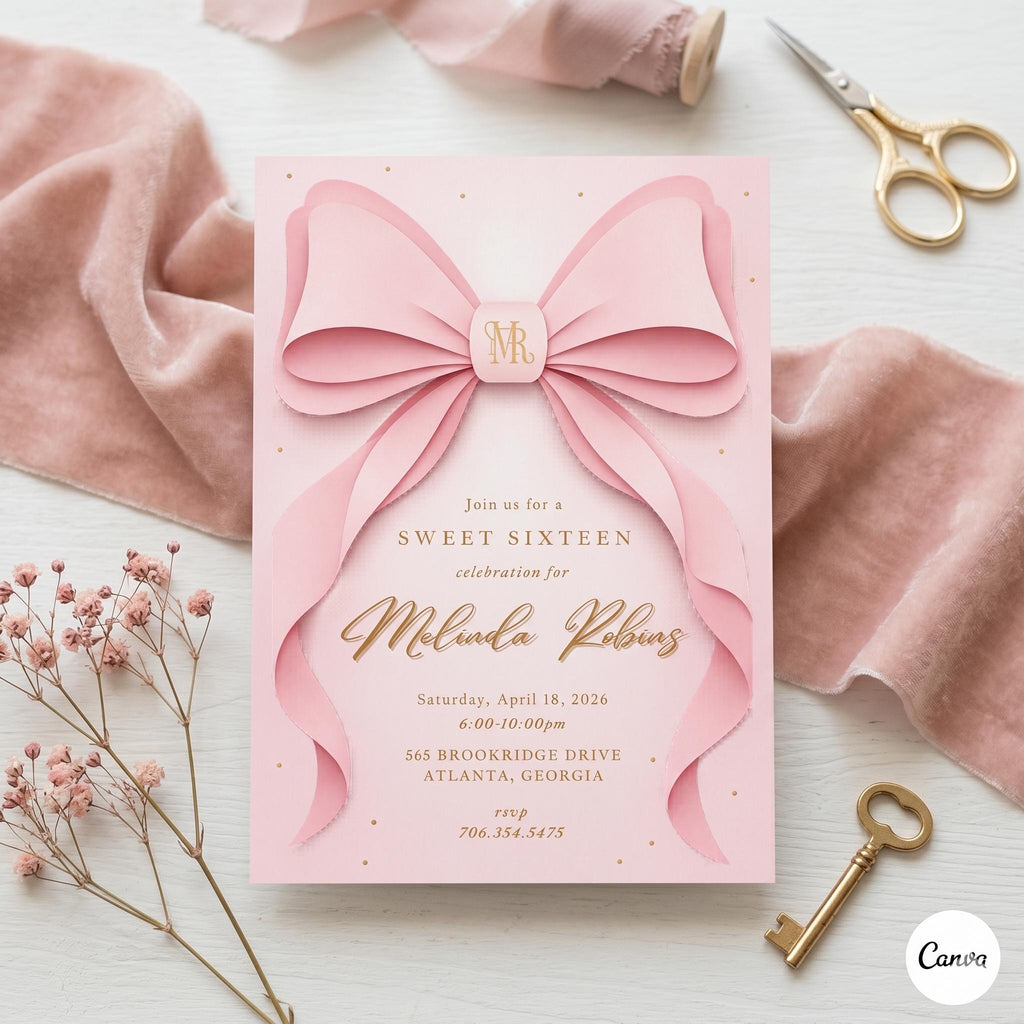 EDITABLE Pink Bow Invitation, Printable Pink Bow Birthday Invite, Minimalist Pink Bow, Watercolor Pink Bow Birthday, Preppy Birthday Invite