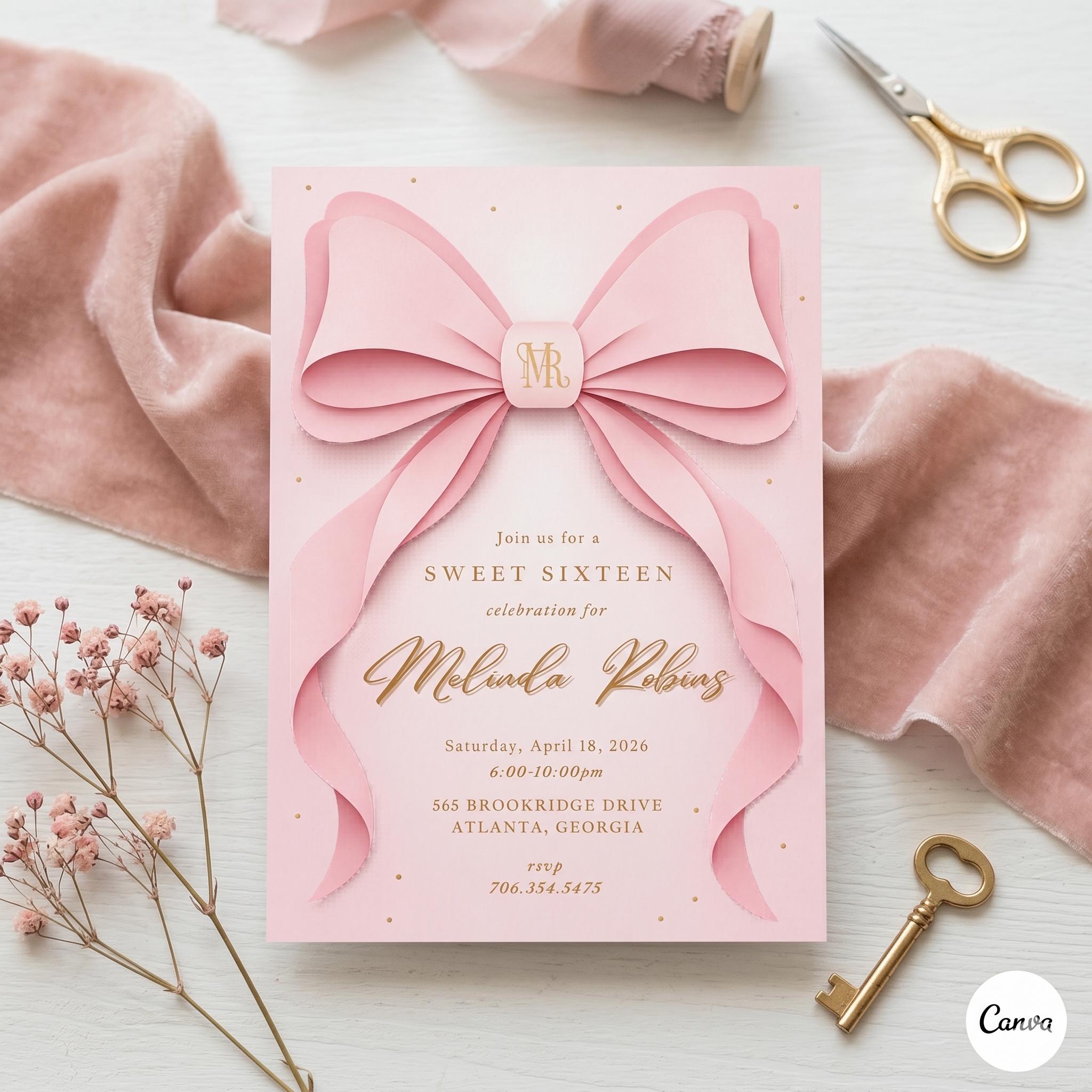 EDITABLE Pink Bow Invitation, Printable Pink Bow Birthday Invite, Minimalist Pink Bow, Watercolor Pink Bow Birthday, Preppy Birthday Invite