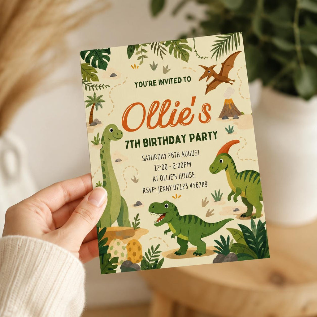 tWatercolour Dino , Dinosaur Party Invitations , Personalised Birthday Party Invites , With Envelopes