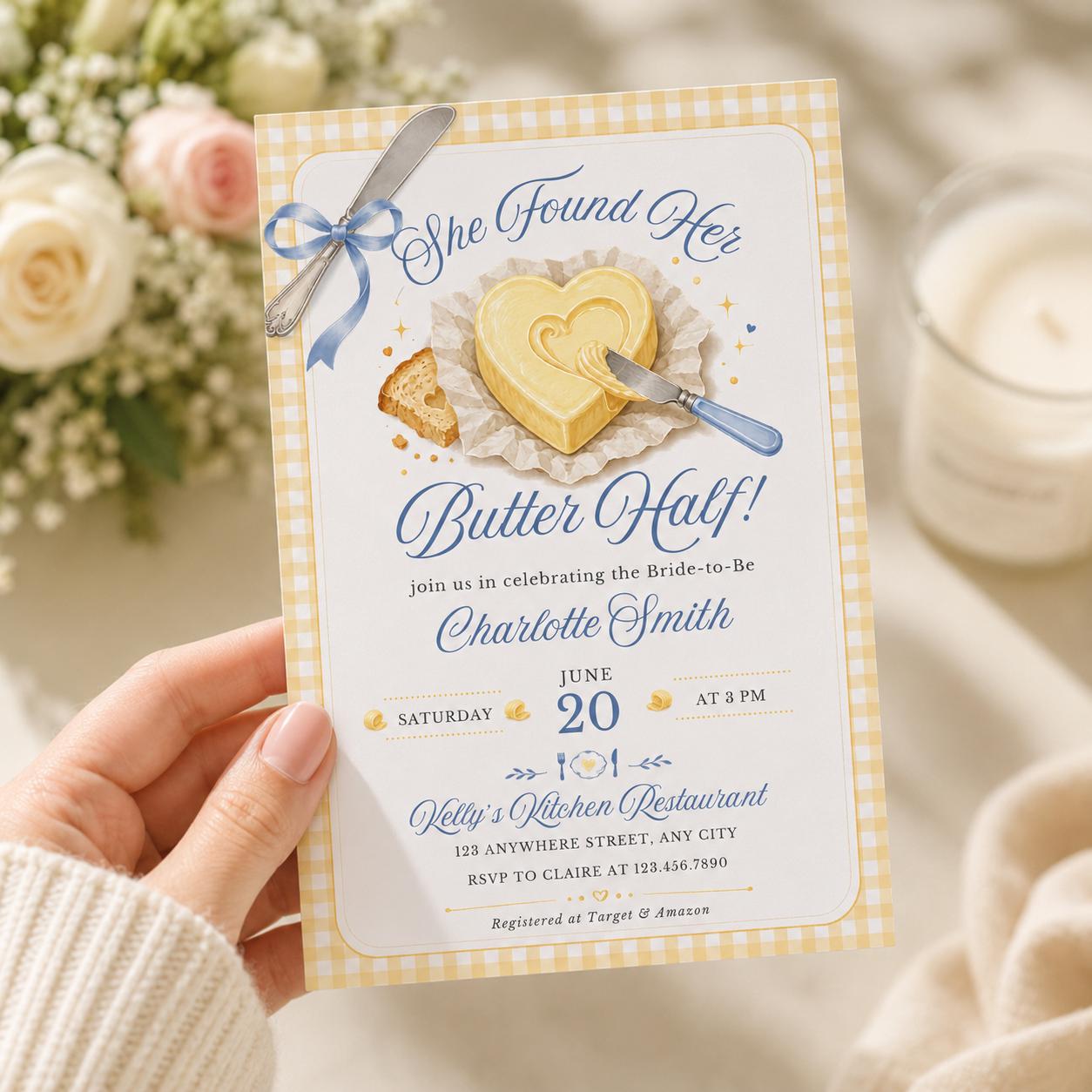 She Found Her Butter Half – Bridal Shower Invitation, Editable Canva Template (Digital Download)