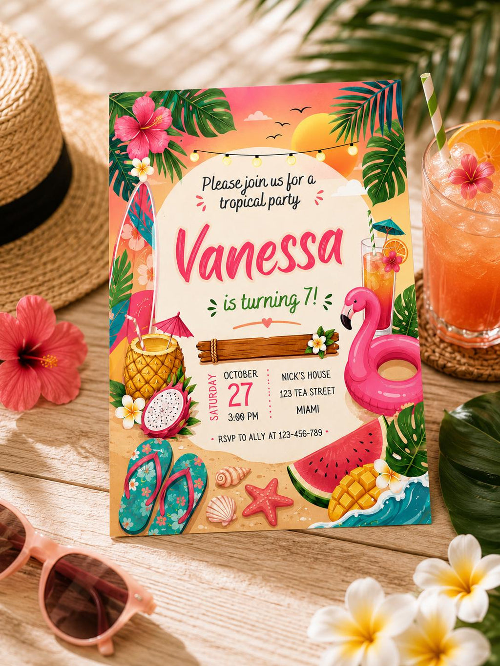 Tropical Birthday Invitation: flamingo pool party invitation, Tropical Invite, Tropical Bridal Shower, pineapple, flamingle invite
