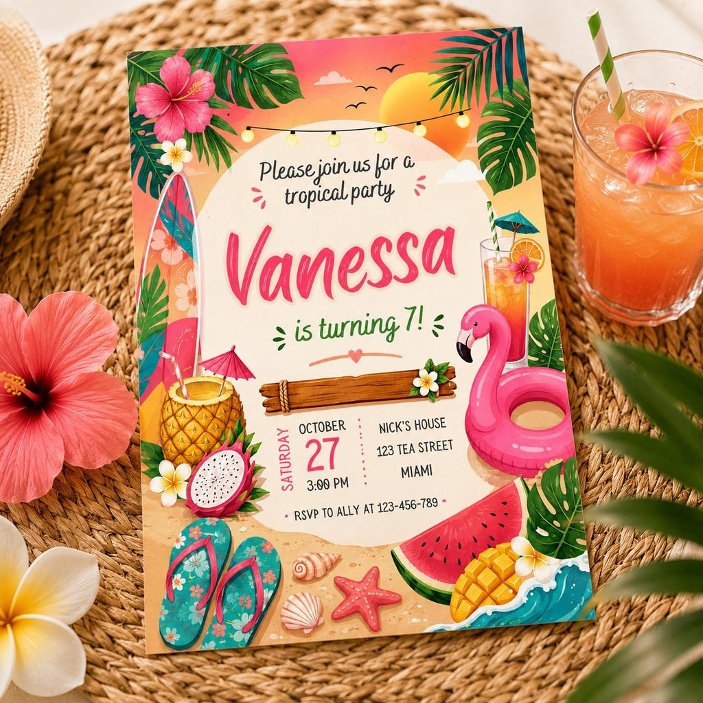 Tropical Birthday Invitation: flamingo pool party invitation, Tropical Invite, Tropical Bridal Shower, pineapple, flamingle invite