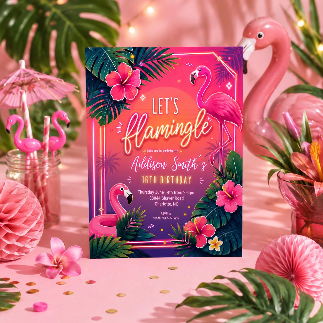 flamingo pool party invitation, Tropical Birthday Invitation, Tropical Bridal Shower, Tropical Hawaiian Pool, pineapple, flamingle invite