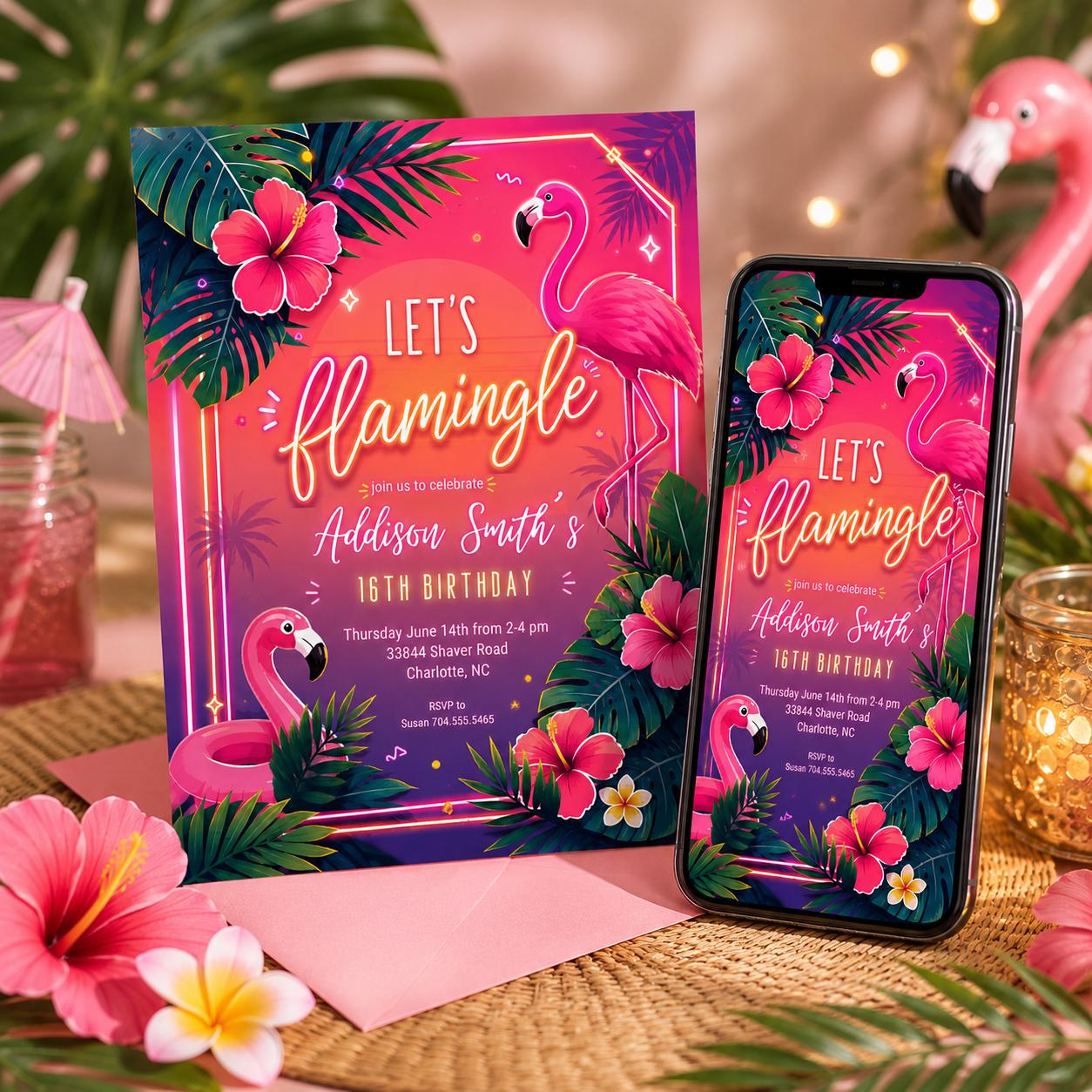 flamingo pool party invitation, Tropical Birthday Invitation, Tropical Bridal Shower, Tropical Hawaiian Pool, pineapple, flamingle invite