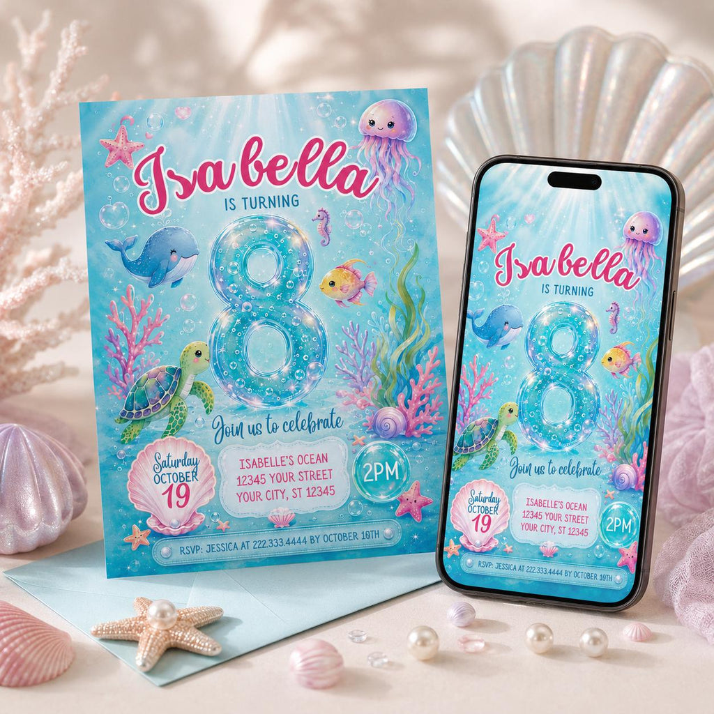 Sea Birthday Invitations, Under the Sea Girls Birthday Invitation, Beach Birthday, Pool Party Invitation, Aquarium, DIGITAL FILE, Printable