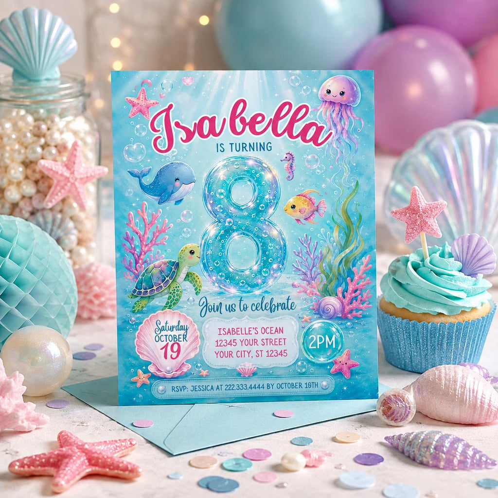 Sea Birthday Invitations, Under the Sea Girls Birthday Invitation, Beach Birthday, Pool Party Invitation, Aquarium, DIGITAL FILE, Printable