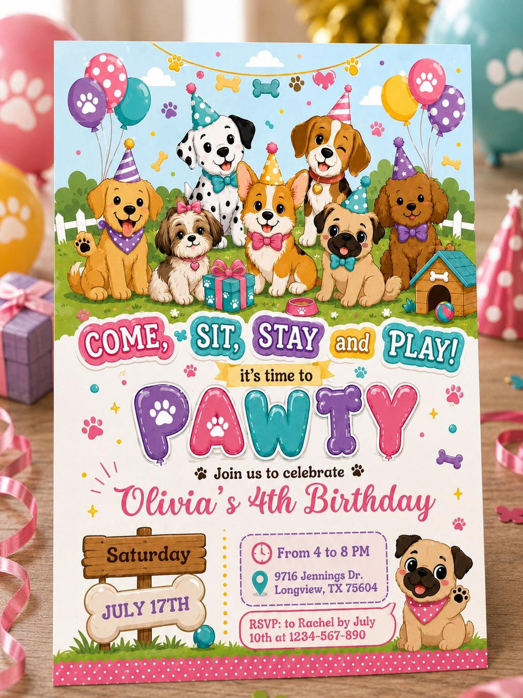 Dog Puppy Birthday Party Invitation - Custom Invite personalized for a girl - Instant Digital Template