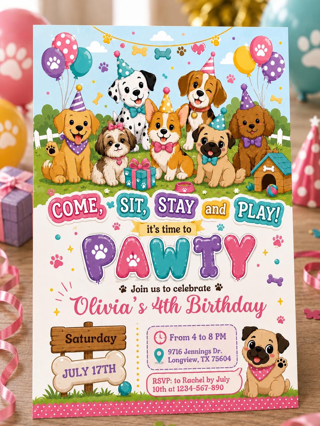 Dog Puppy Birthday Party Invitation - Custom Invite personalized for a girl - Instant Digital Template