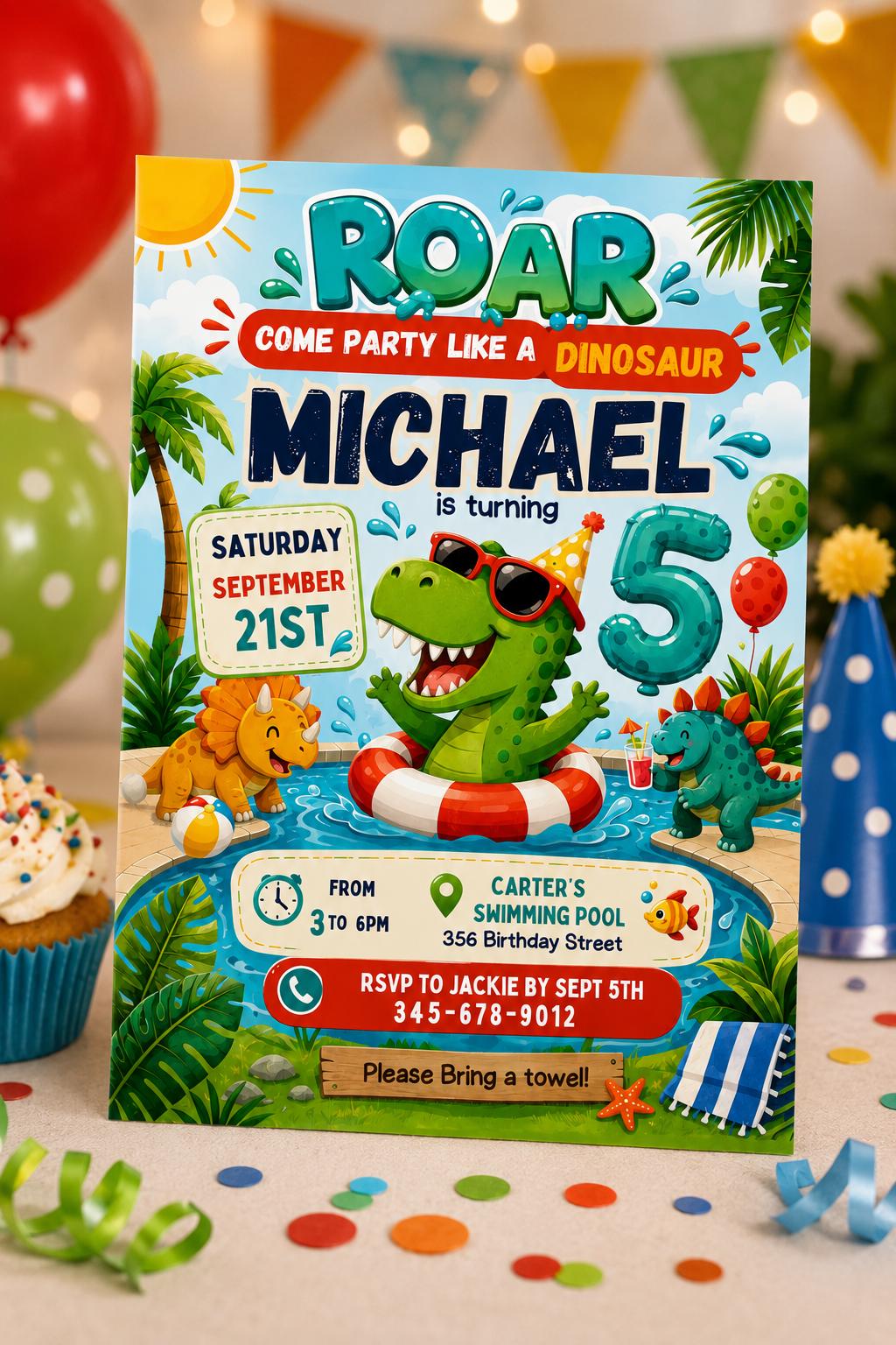 Editable Dinosaur Pool Party Invitation , Swim Birthday invite , Dino Instant download