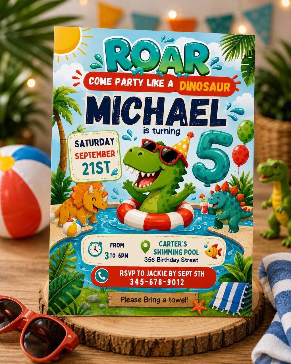 Editable Dinosaur Pool Party Invitation , Swim Birthday invite , Dino Instant download